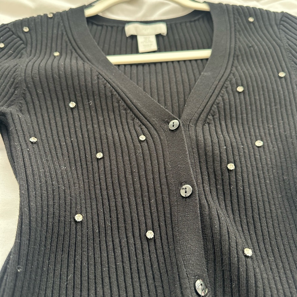 H&M Black Ribbed Rhinestone-Embellished V-Neck Cardigan - Picture 3 of 6